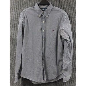 VTG Polo Ralph Lauren Mens Shirt Large Blue White Striped Custom‎ Fit Brown Pony